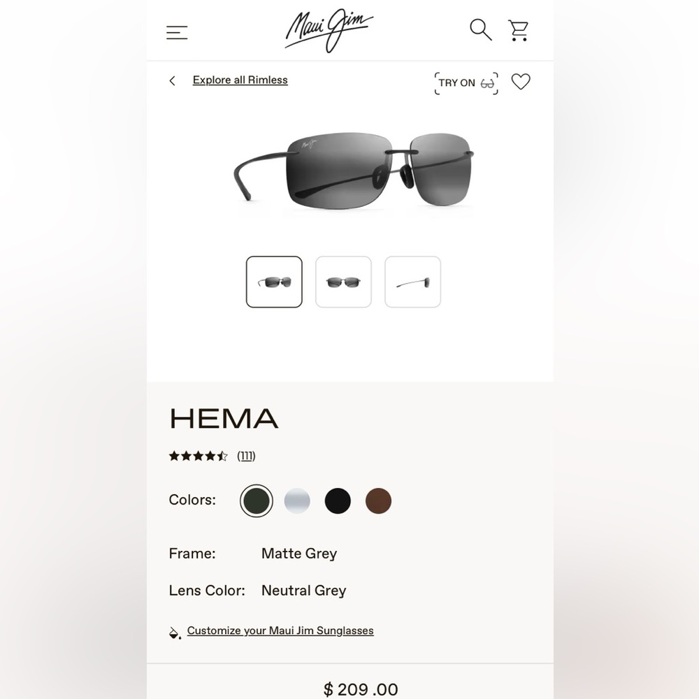 Maui Jim Hema Matte Grey Sunglasses.  Like new, only worn once.